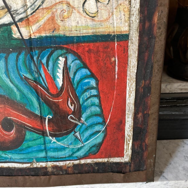 Red Large Antique 28" Eastern Orthodox Folk Art Icon - St. George & Dragon - 2" Wood Slab For Sale - Image 8 of 12