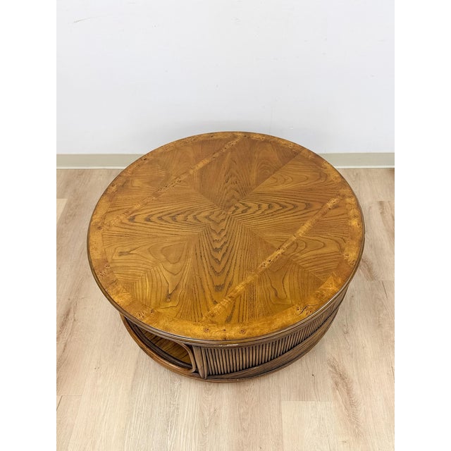 Wood Mid 20th Century Pencil Reed Rattan Burlwood Inlay Round Coffee Table Gabriella Crespi Style Rare For Sale - Image 7 of 12