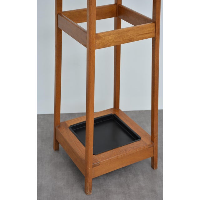 Mid-Century Modern Oak Coat Stand with Integrated Umbrella Holders and Drip Tray, 1950 For Sale - Image 14 of 18