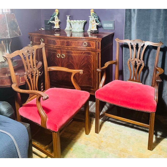 Wood Pair of Vintage English Chippendale Style Mahogany Library Armchairs in Crimson Velvet For Sale - Image 7 of 8