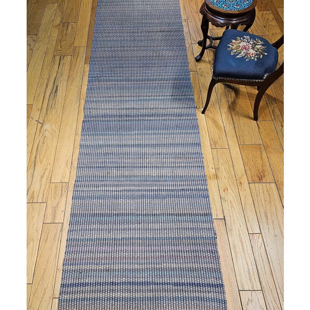Antique American Amish Rag Runner, Handwoven Wool & Cotton, Stripe Pattern, Gray & Blue, 3x14 For Sale - Image 9 of 12