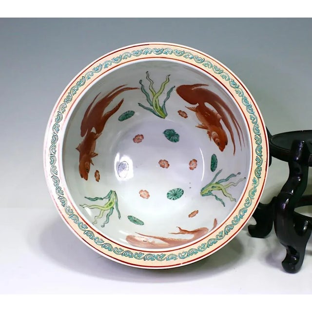 Large Chinese Porcelain Lotus Pond White Enamelled Planter / Jardiniere, Goldfish, Ducks and Flowers (Republic Period) For Sale - Image 13 of 15