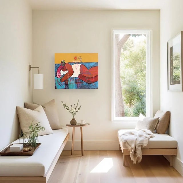 Textile Bed Rotting I - Expressive Abstract Colorful Figurative Cubist Portrait Painting Original Artwork by Valerie Etitinwo For Sale - Image 7 of 8