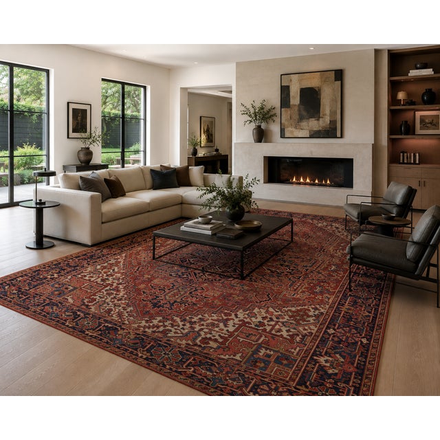 Heriz 1920s Antique Persian Rug w/ Large Geometric Medallion - 11'3" x 8'4" Origin: Heriz region, Northwest Persia Date:...