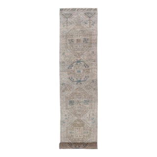Long Vintage Turkish Oushak Runner With Soft Taupe, Sand, and Pale Teal For Sale
