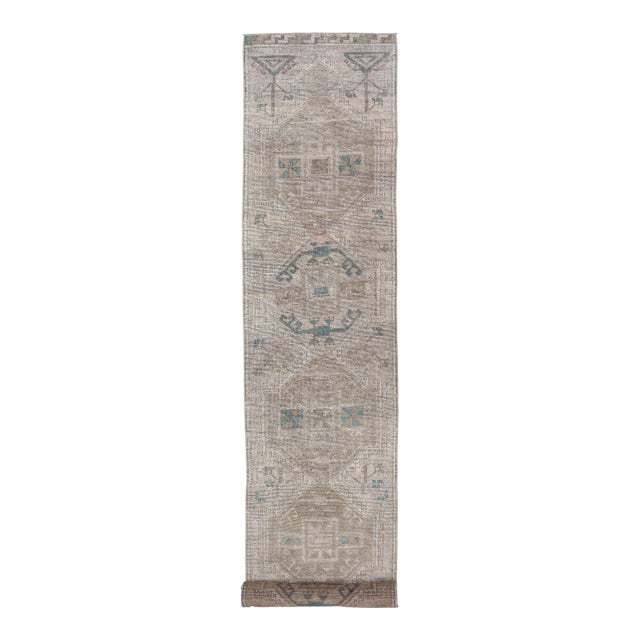 Long Vintage Turkish Oushak Runner With Soft Taupe, Sand, and Pale Teal For Sale