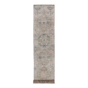 Long Vintage Turkish Oushak Runner With Soft Taupe, Sand, and Pale Teal
