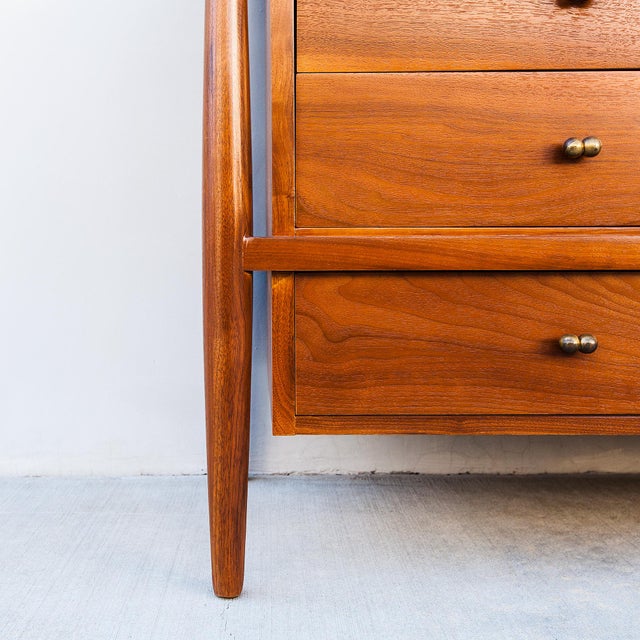 1950s Restored 1950s Mount Airy Walnut & Brass Sculptural Mid Century Lowboy Dresser, Attributed For Sale - Image 5 of 12