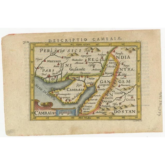 Old 17th century miniature antique map of 'Cambaia' , from the 1616 edition of Jadocus Hondius Atlas by Petrus Bertius....