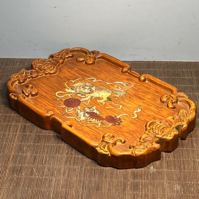 Wood Chinese Wood Carving Plate With Shell Engraving Lions Decoration For Sale - Image 7 of 8