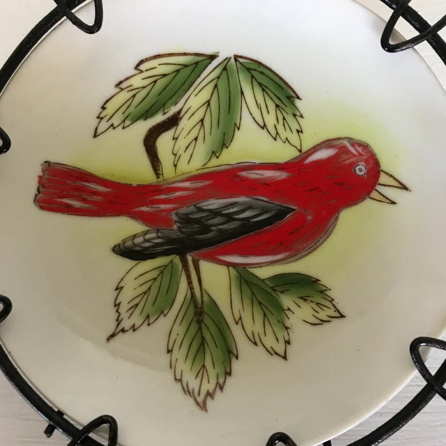 Expressionism Hand Painted Birds on Porcelain Plates in Floral Pattern Wire Frame - Set of 3 For Sale - Image 3 of 13