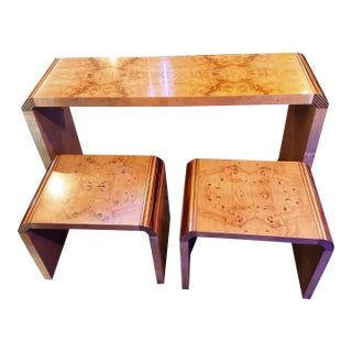 1970s Henredon Mid Century Modern 3 Pc. Console & Side Table Set Burlwood Waterfall For Sale