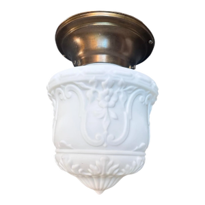 Floral Motif Embossed Cast Glass Shade on Original Brass Holder, Circa 1920
