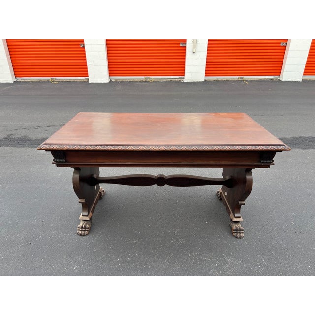 Traditional Antique 1920s Trestle Library Table Solid Wood For Sale - Image 3 of 6