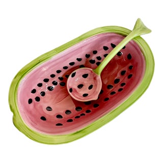 Mid 20th Century Americana Folk Art Arts & Crafts Ceramic Watermelon Serving Bowl With Ladle - 2 Piece Set. For Sale