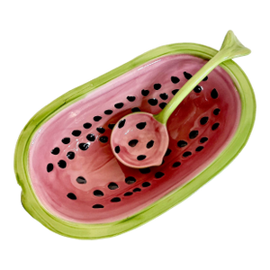 Mid 20th Century Americana Folk Art Arts & Crafts Ceramic Watermelon Serving Bowl With Ladle - 2 Piece Set.