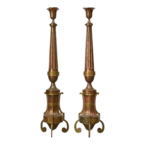19th-C. Italian Copper & Brass Torchieres / Floor Lamps / Lamp Stands - Pair