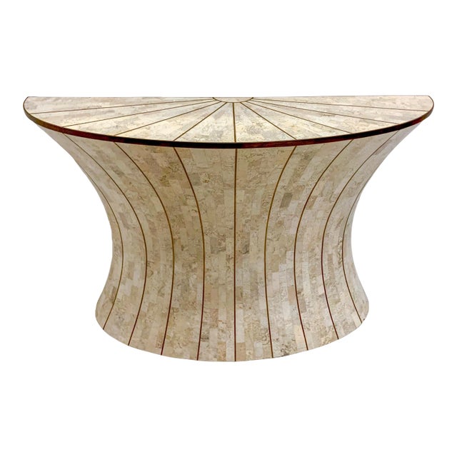 Maitland -Smith Organic Modern Tessellated Travertine & Brass Inlaid Console Table With Sunburst Top For Sale