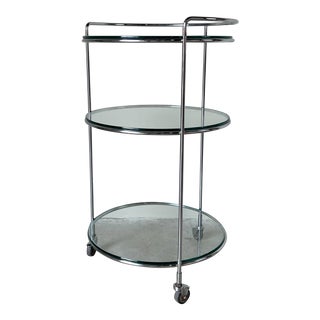 70's Mid- Century Three - Tier Round Chrome Rolling Cocktail Bar Serving Cart With Glass Shelves For Sale