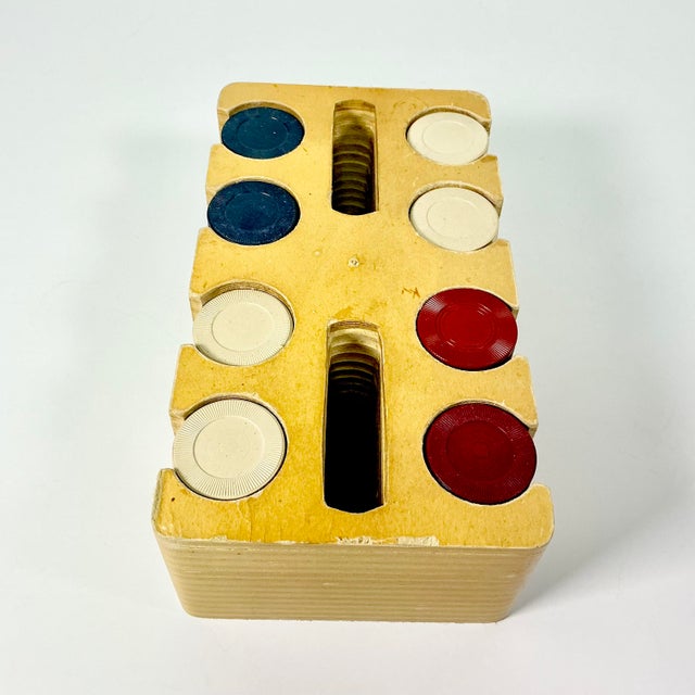 Wood 1950s Vintage Boho Chic Americana Poker Chips and Wood Caddy For Sale - Image 7 of 10