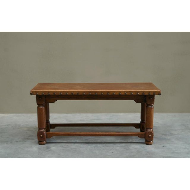 Metal Mid-Century Spanish Coffee Table in Oak and Patinated Leather, 1940s For Sale - Image 7 of 12
