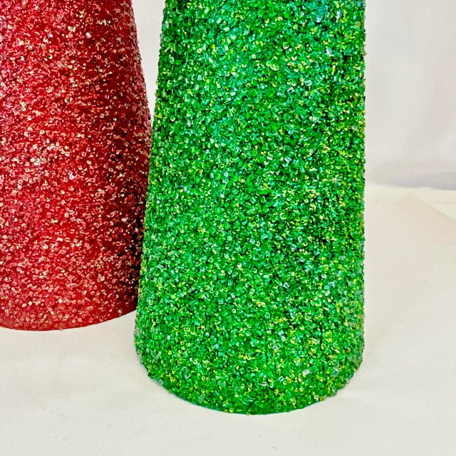 Ruby Red 1980s Boho Chic Hollywood Regency Memphis Sparkling Cone Christmas Tabletop Trees - A Pair. For Sale - Image 8 of 9