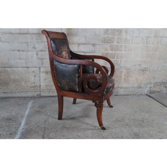 Late 20th Century Henredon Mahogany Distressed Leather French Empire Regency Club Lounge Armchair For Sale - Image 6 of 12
