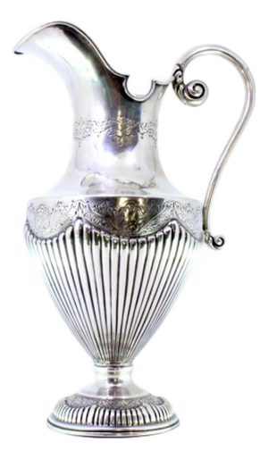 Water Jug in Fluted Silver with Engravings and Scrolls Handle