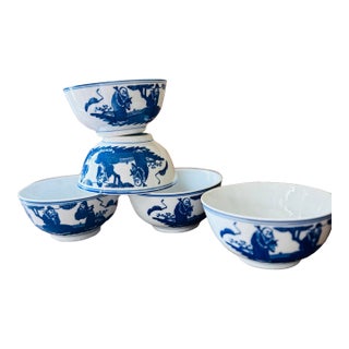 Vintage Chinese Blue and White Scholar Bowls Porcelain - Set of 5 For Sale