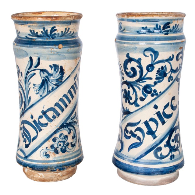 A very good pair of antique 17th century Spanish blue & white pottery albarelli or apothecary jars, circa 1680. From the...