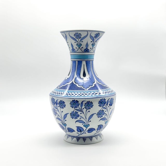 Handmade Ceramic Vase (30cm) Large Blue & White Floral Art with Geometric Neck Design – Tall Statement Decor For Sale - Image 4 of 7