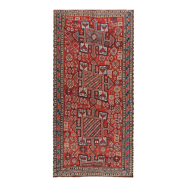 Charming Old Persian Quchan Kordi Rug With Red Background Color a Geometric Design For Sale
