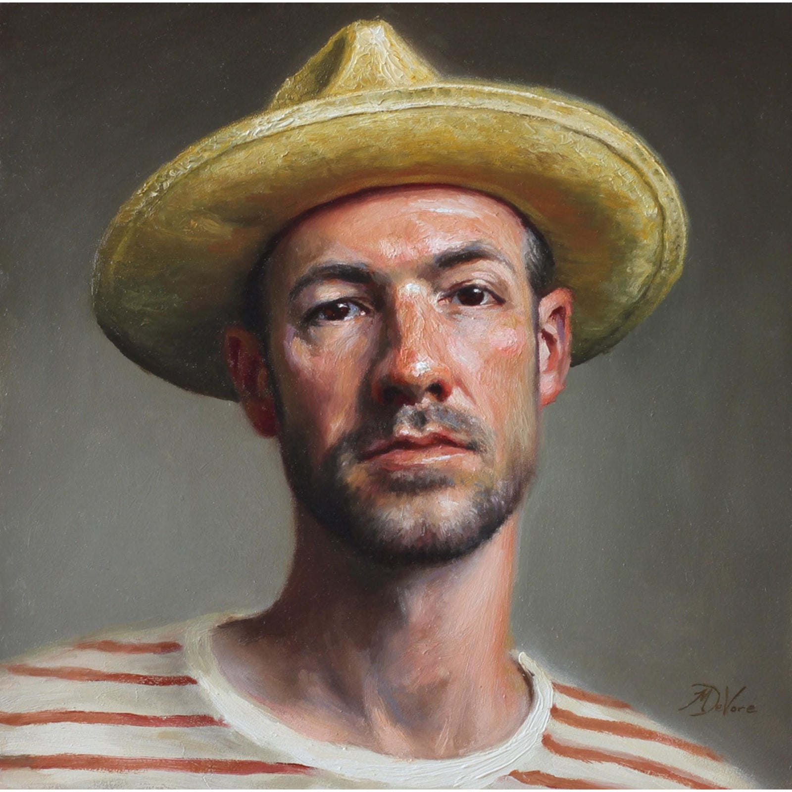 Self Portrait in Straw Hat by Michael DeVore | Oil on panel Portrait of ...