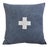 Custom-tailored pillow created from a blue woven cotton/linen textile. Pillow has a cream-colored wool appliqué cross on...