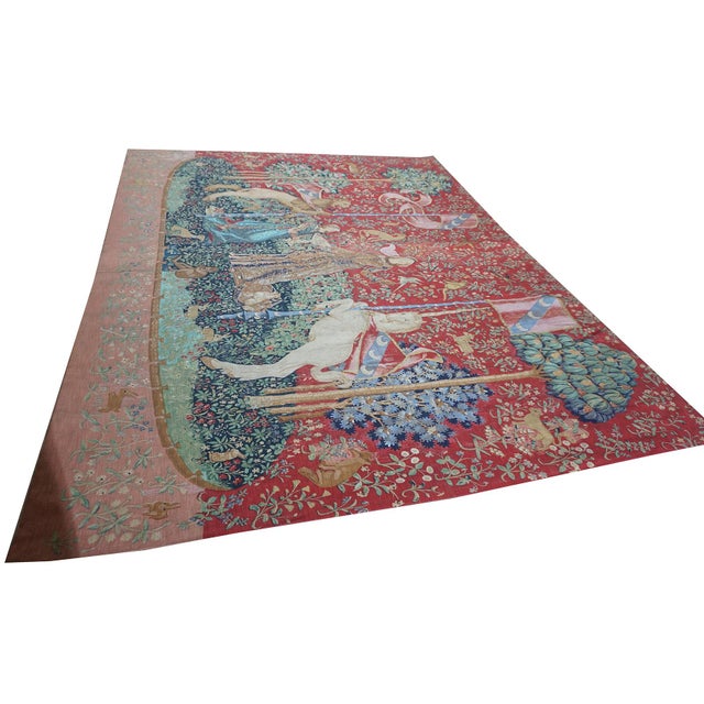 1875 Antique Red Tapestry Europe Flat Weave( 7' x 8' 9" 213 x 267 ) Antique Red Tapestry Europe Flat Weave, Country of...