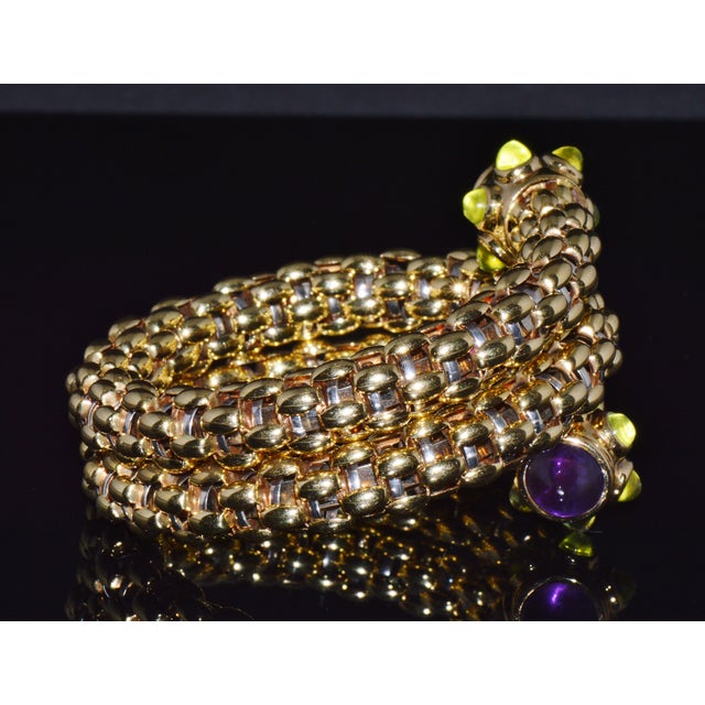 Rare Vintage Fope 18k Gold Double Wrap Twist Snake Bracelet With Amethyst & Peridot For Sale In Dallas - Image 6 of 15