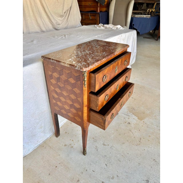 Brown Early 20th Century French Louis XV Style Marble Top Chest of Drawers For Sale - Image 8 of 12