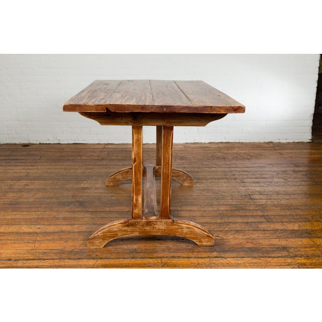19th Century Country Farmhouse Table with Trestle Base & Distressed Finish For Sale - Image 12 of 12