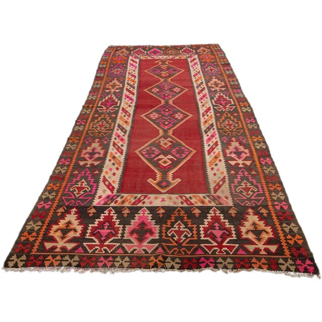 Tribal 1960s Vintage Turkish Kilim Red Handmade Tribal Wool Runner For Sale - Image 3 of 10
