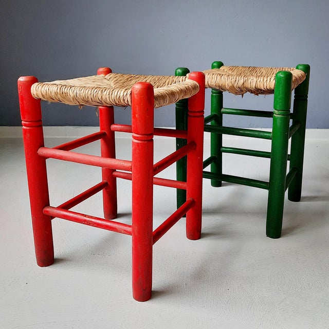 Wood Green and Red Rush Stools, 1970s, Set of 4 For Sale - Image 7 of 8