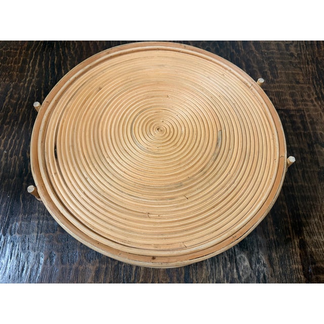Wood Large Vintage Round Rattan & Cane Serving Tray With Handles For Sale - Image 7 of 8