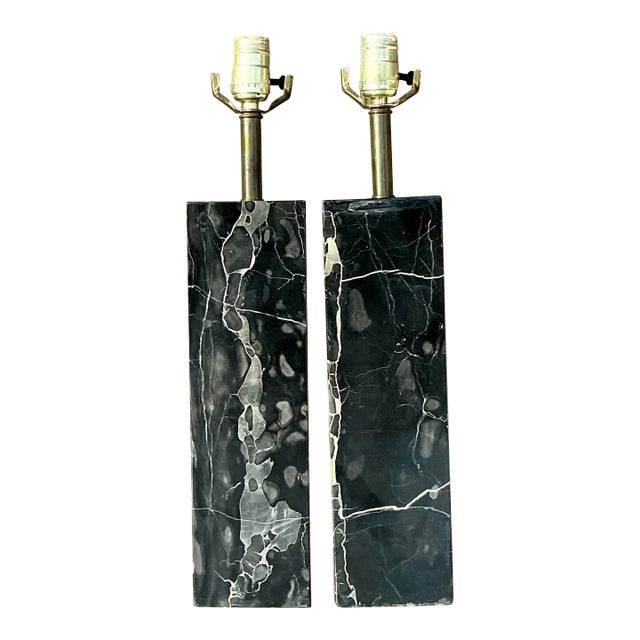 Vintage Boho Solid Black Marble Lamps - a Pair For Sale