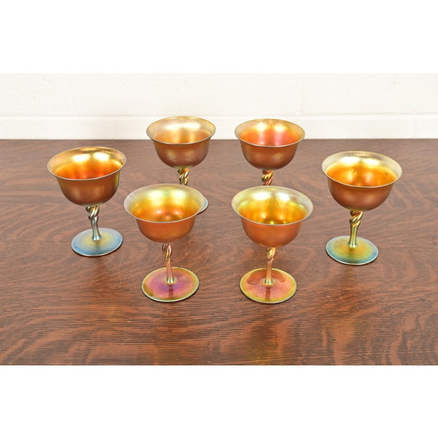 A gorgeous set of six Arts & Crafts or Art Nouveau period Aurene iridescent art glass goblets By Steuben Glass USA, Early...