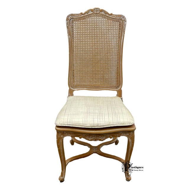 Vintage French Country Style Pickled Whitewash Caned Dining Chairs