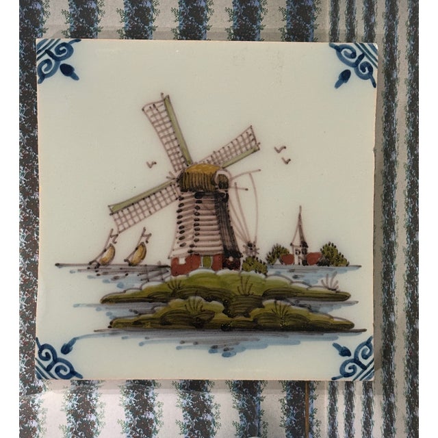 Vintage Royal Tichelaar Makkum Hand Painted Dutch Windmill Tile For Sale - Image 4 of 8