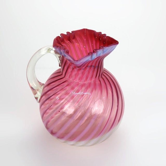 Art Deco Cranberry & Opalescent Swirled Glass Juice Pitcher With Ruffled Rim 20thC For Sale - Image 3 of 9