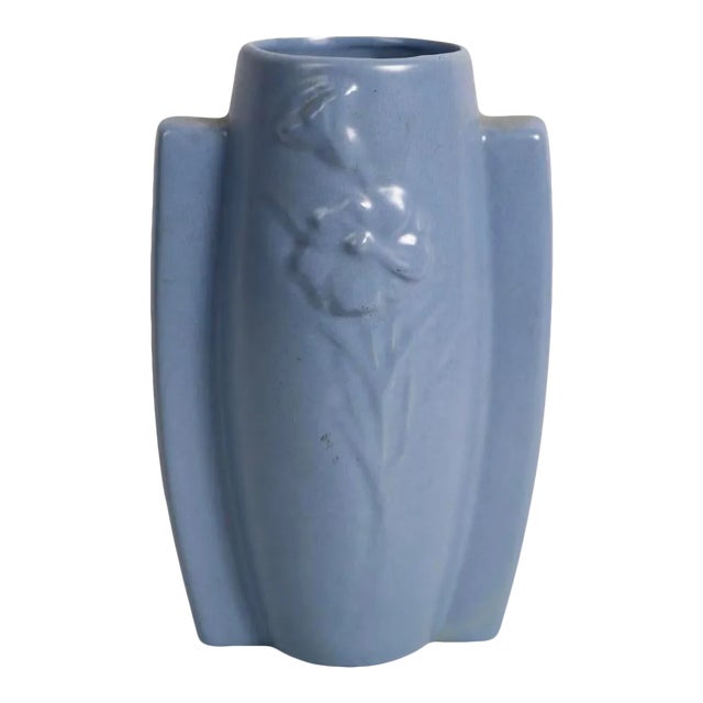 Mid Century Art Deco Pottery Vase in Blue Glaze For Sale