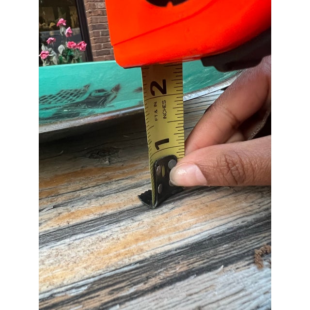 Large Vintage Asian Teal Hand Painted Decorative Tray For Sale - Image 10 of 10