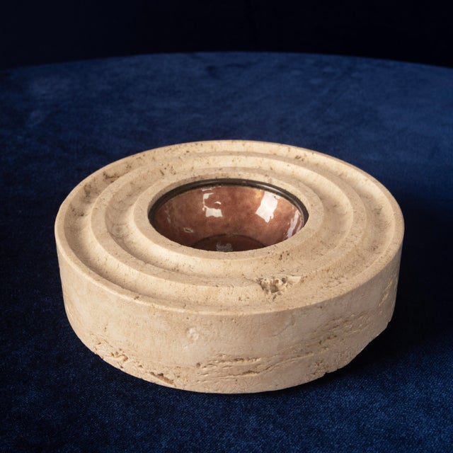 Italian Round Travertine and Copper-Toned Metal Ashtray, 1970 For Sale - Image 17 of 18