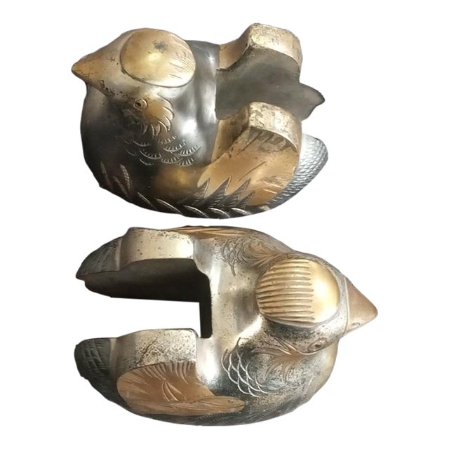 Pair of Late 19th Century Meiji Japanese Screen Holders Weights Mandarin Ducks Bronze Gold Gild! For Sale